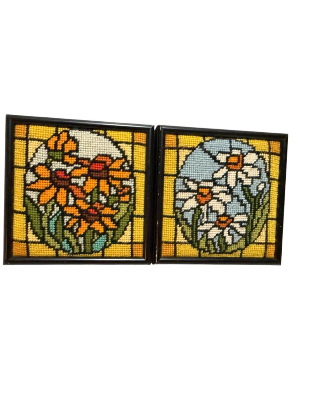 Framed Floral Needlepoint Wall Art Sunset Designs Stained Glass Vintage 70s - Picture 3 of 11